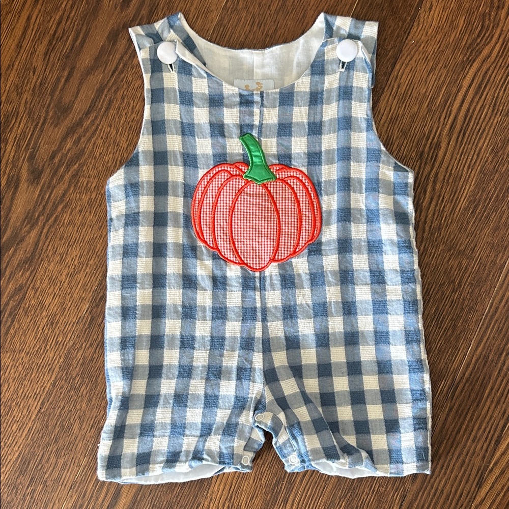 Blue Gingham Jon Jon with Embroidered Pumpkin